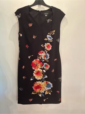 Tahari ASL Black Floral Midi Dress with Multicolor Blooms
